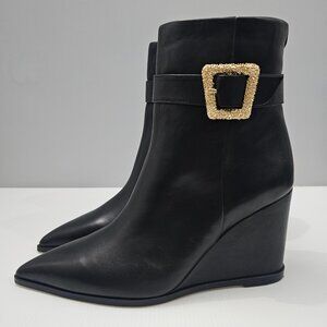 NEW Sam Edelman Weslie Ankle Bootie Womens 9.5  Black Leather Wedge Pointed Toe